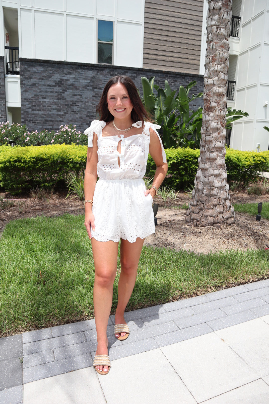 Eyelet Lace Front Bow Tie Romper